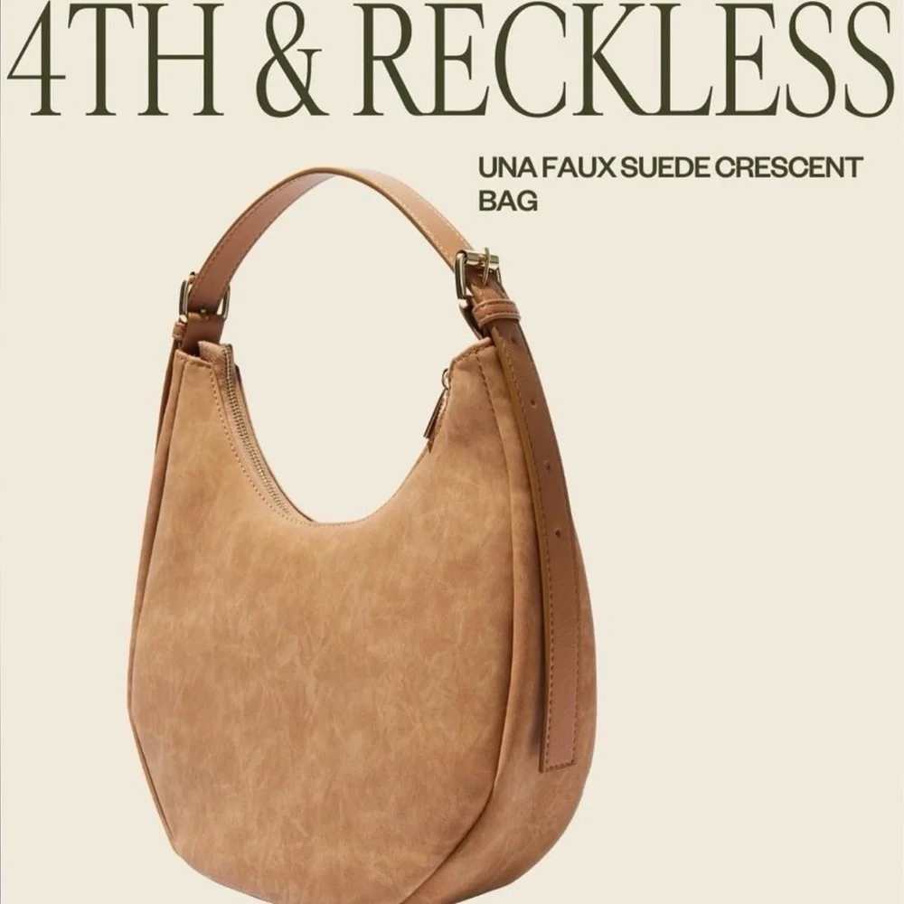 NWT 4TH & RECKLESS Una Faux Suede Crescent Shoulder Bag Tan Gold Hardware Hobo - Picture 7 of 10